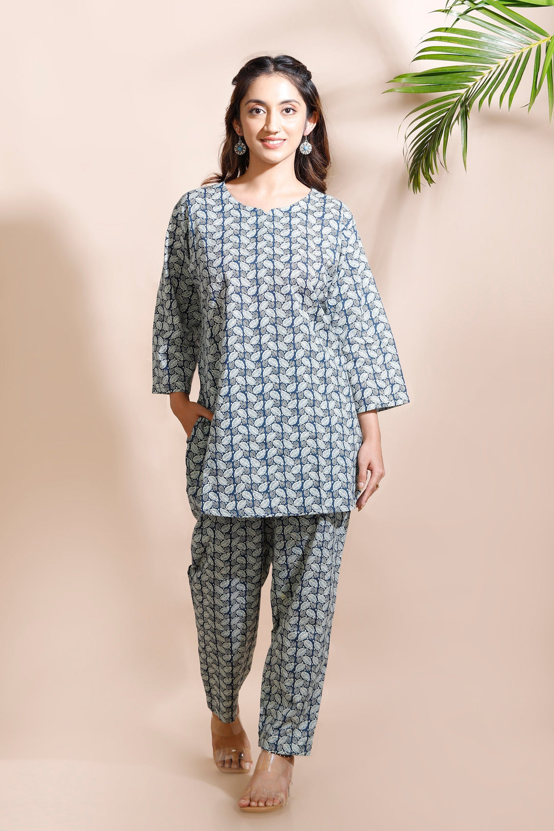 Myka Blue Cotton Abstract Print Loungewear Co-ord Set | SHOBITAM