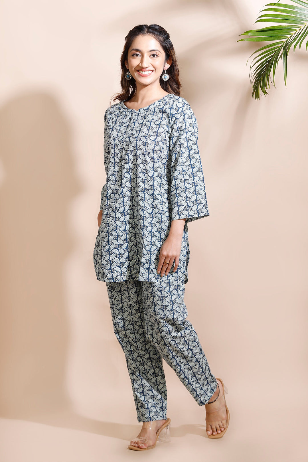 Myka Blue Cotton Abstract Print Loungewear Co-ord Set | SHOBITAM