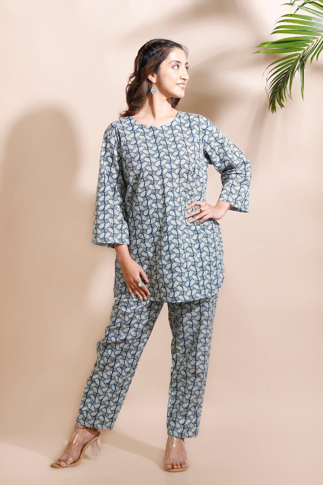 Myka Blue Cotton Abstract Print Loungewear Co-ord Set | SHOBITAM