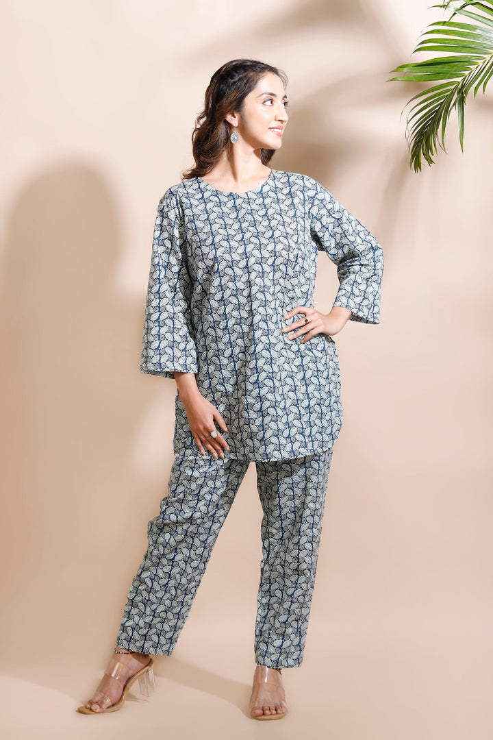 Myka Blue Cotton Abstract Print Loungewear Co-ord Set | SHOBITAM