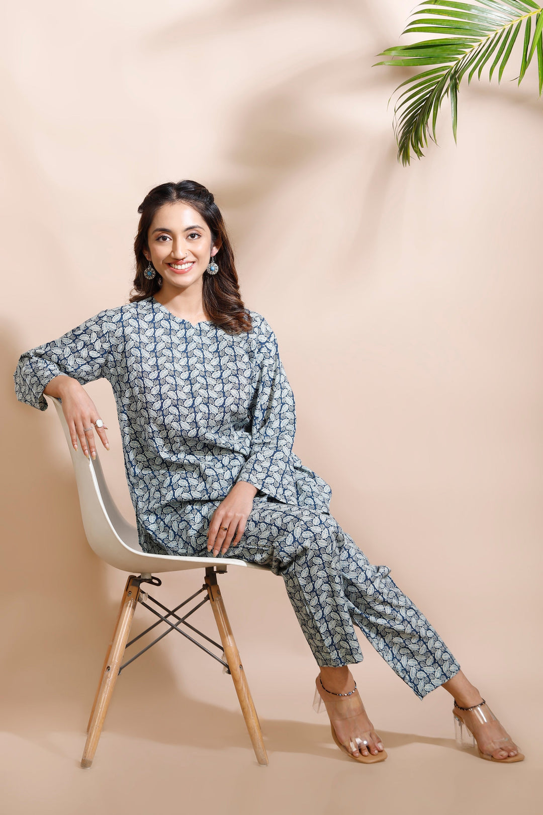 Myka Blue Cotton Abstract Print Loungewear Co-ord Set | SHOBITAM