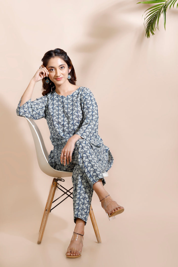 Myka Blue Cotton Abstract Print Loungewear Co-ord Set | SHOBITAM