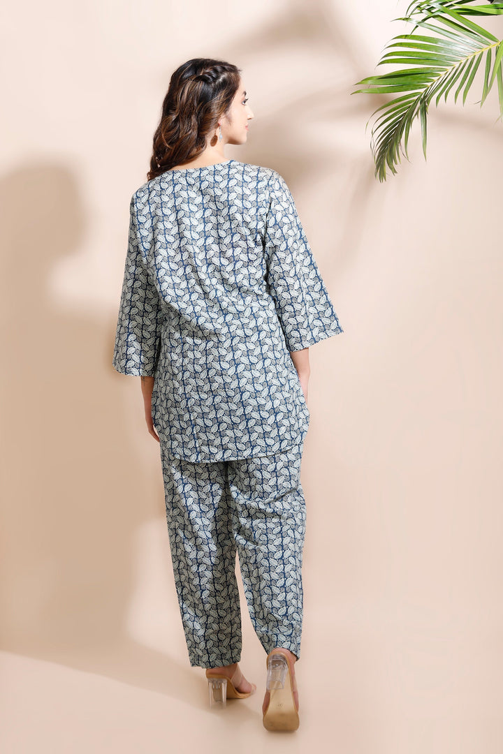 Myka Blue Cotton Abstract Print Loungewear Co-ord Set | SHOBITAM