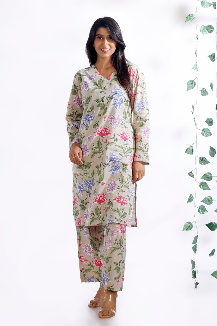 Summer Tapestry Floral Print Cotton Long Kurta Co-ord Set | SHOBITAM