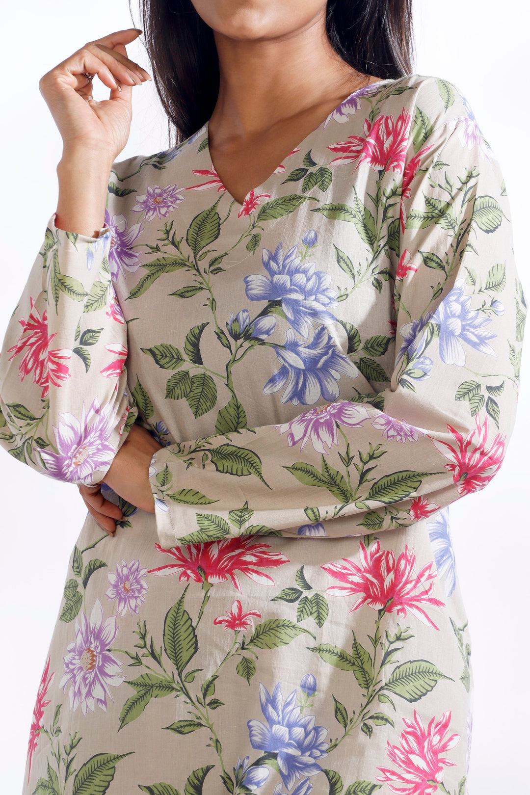Summer Tapestry Floral Print Cotton Long Kurta Co-ord Set | SHOBITAM