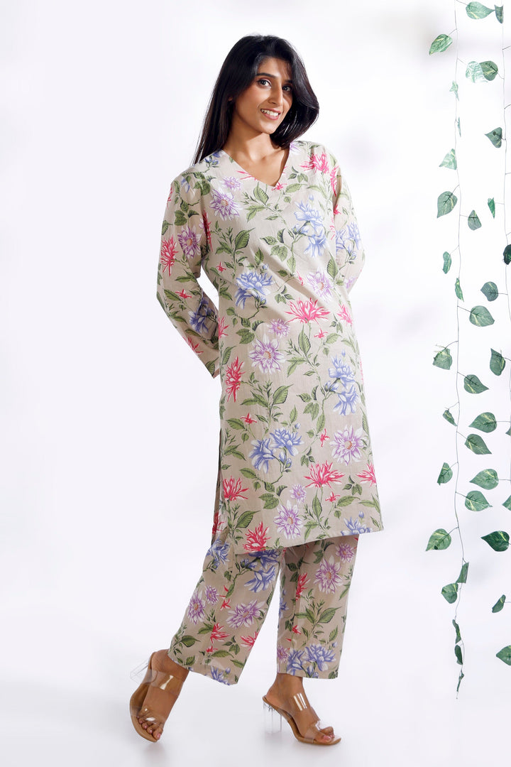 Summer Tapestry Floral Print Cotton Long Kurta Co-ord Set | SHOBITAM