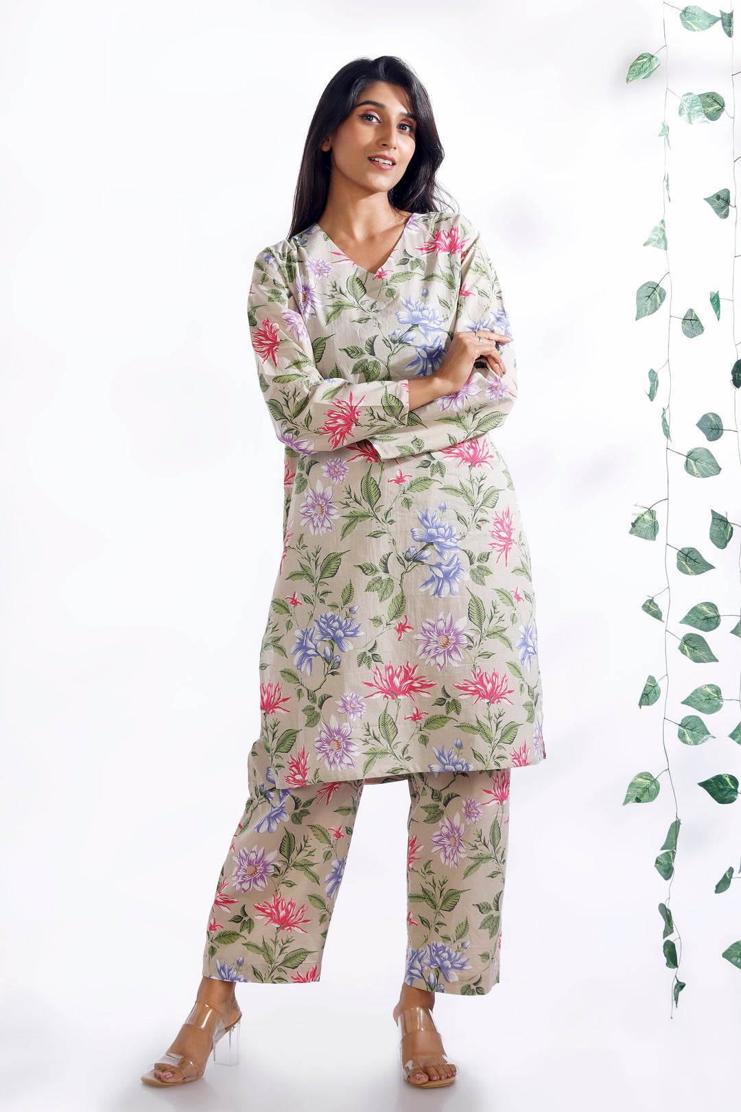 Summer Tapestry Floral Print Cotton Long Kurta Co-ord Set | SHOBITAM