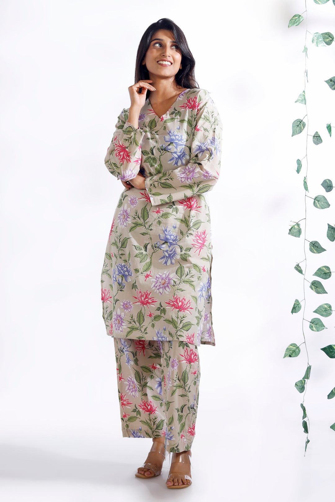 Summer Tapestry Floral Print Cotton Long Kurta Co-ord Set | SHOBITAM