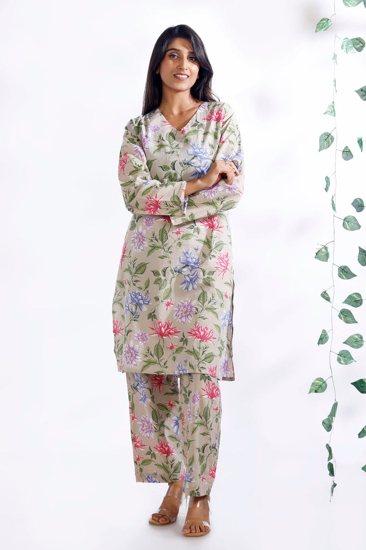 Summer Tapestry Floral Print Cotton Long Kurta Co-ord Set | SHOBITAM