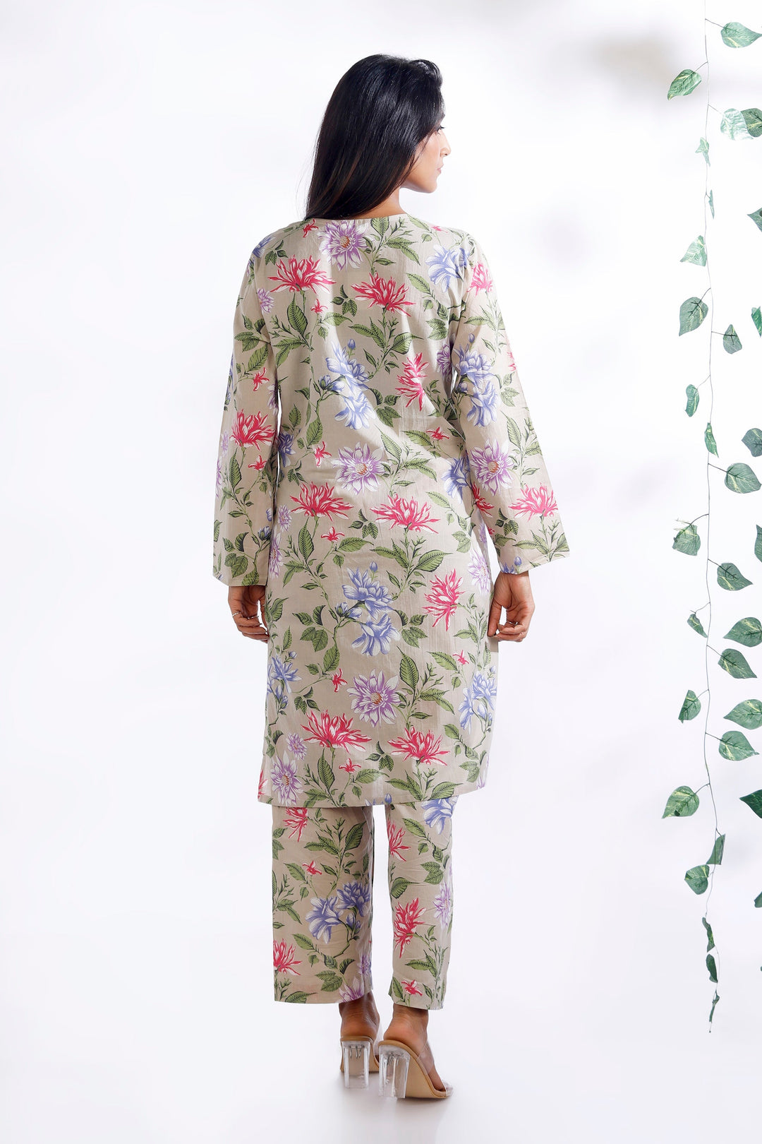 Summer Tapestry Floral Print Cotton Long Kurta Co-ord Set | SHOBITAM
