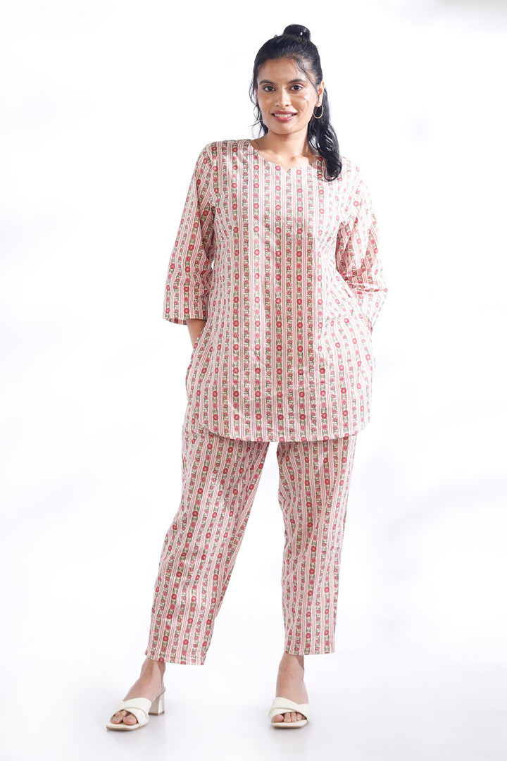 Rosy Stripes Cotton Floral Loungewear Co-ord Set | SHOBITAM