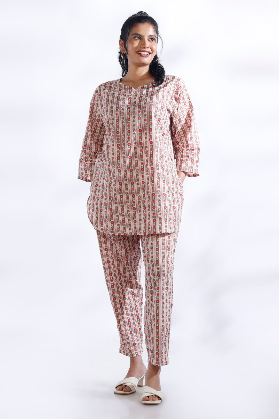 Rosy Stripes Cotton Floral Loungewear Co-ord Set | SHOBITAM