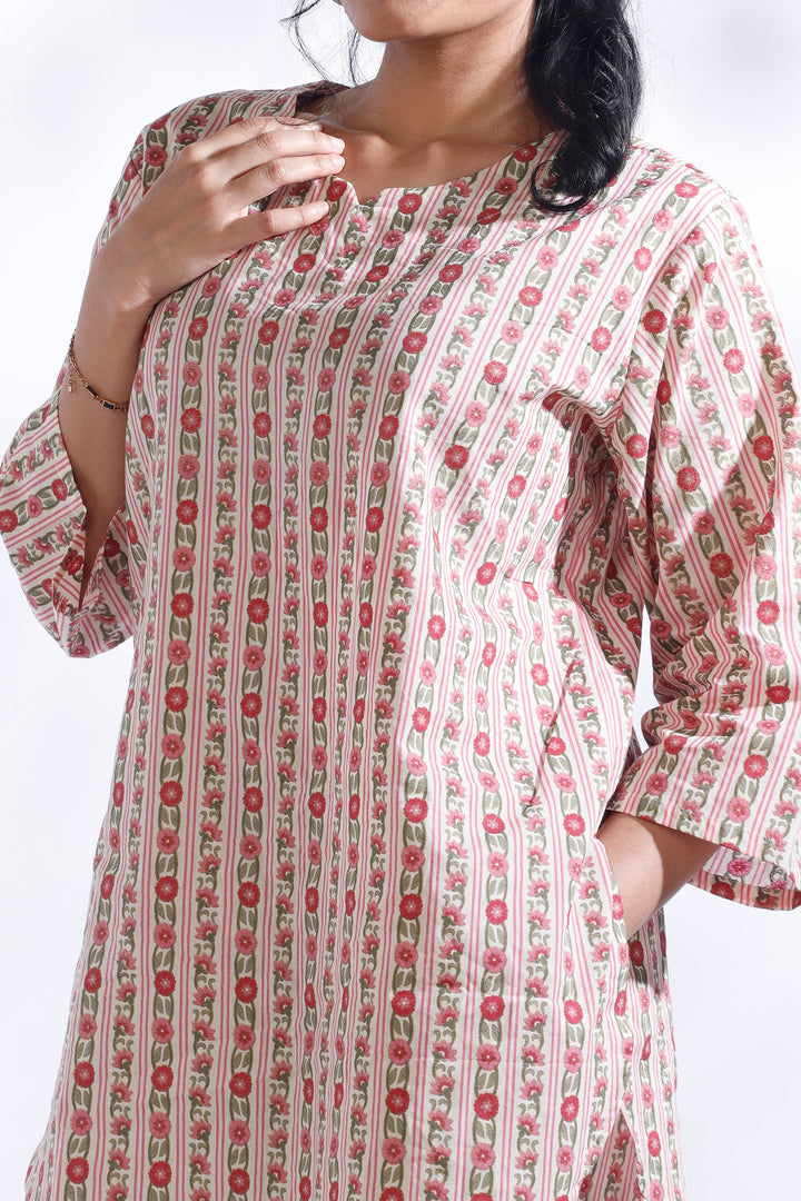 Rosy Stripes Cotton Floral Loungewear Co-ord Set | SHOBITAM