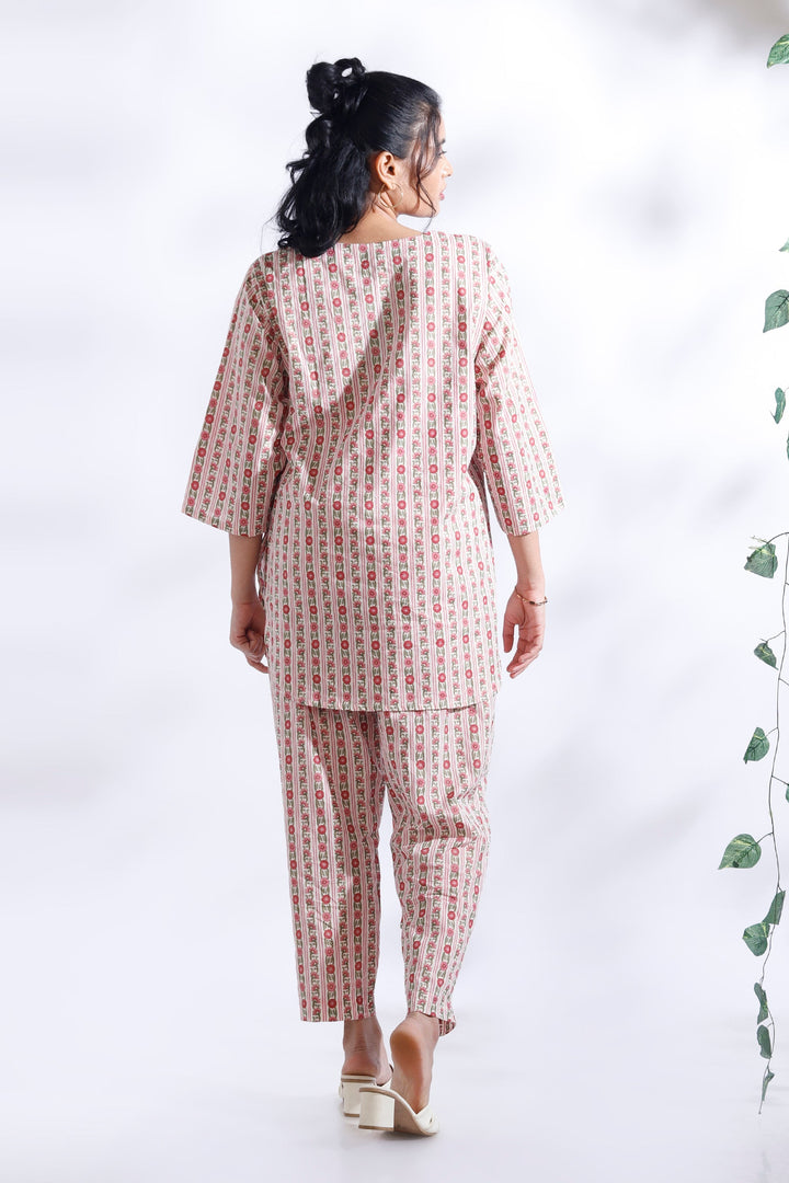 Rosy Stripes Cotton Floral Loungewear Co-ord Set | SHOBITAM