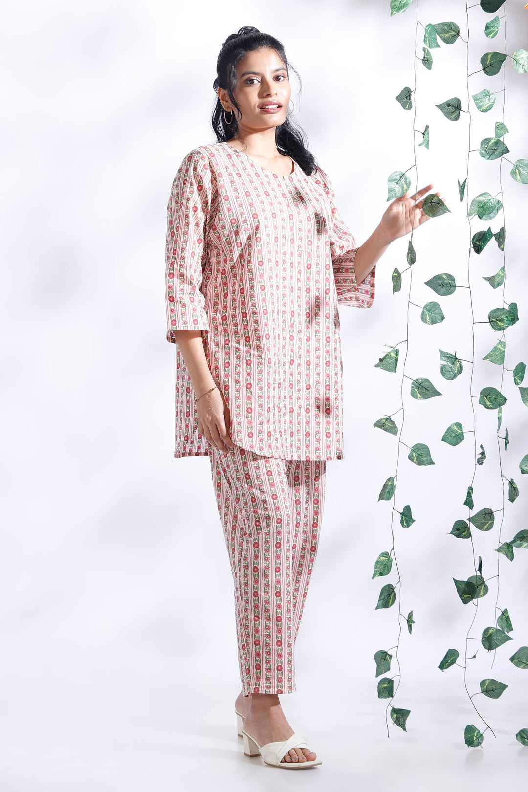 Rosy Stripes Cotton Floral Loungewear Co-ord Set | SHOBITAM