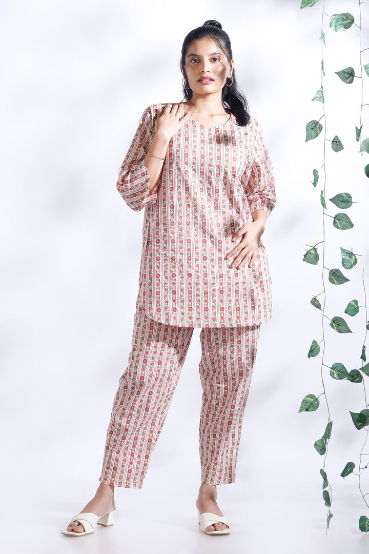 Rosy Stripes Cotton Floral Loungewear Co-ord Set | SHOBITAM
