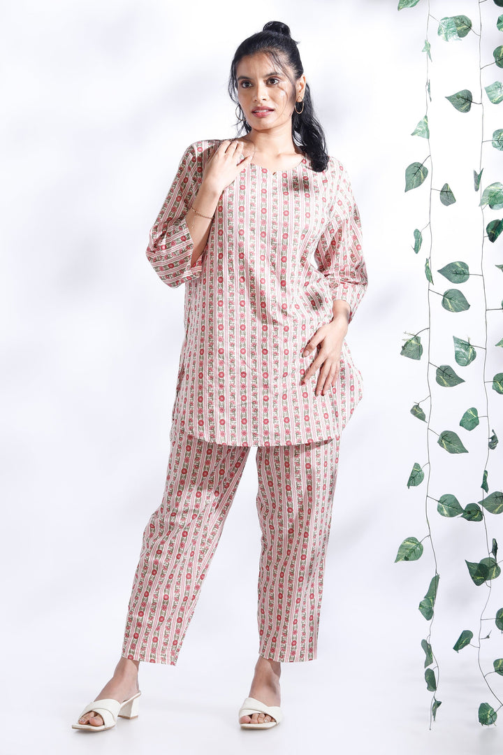 Rosy Stripes Cotton Floral Loungewear Co-ord Set | SHOBITAM