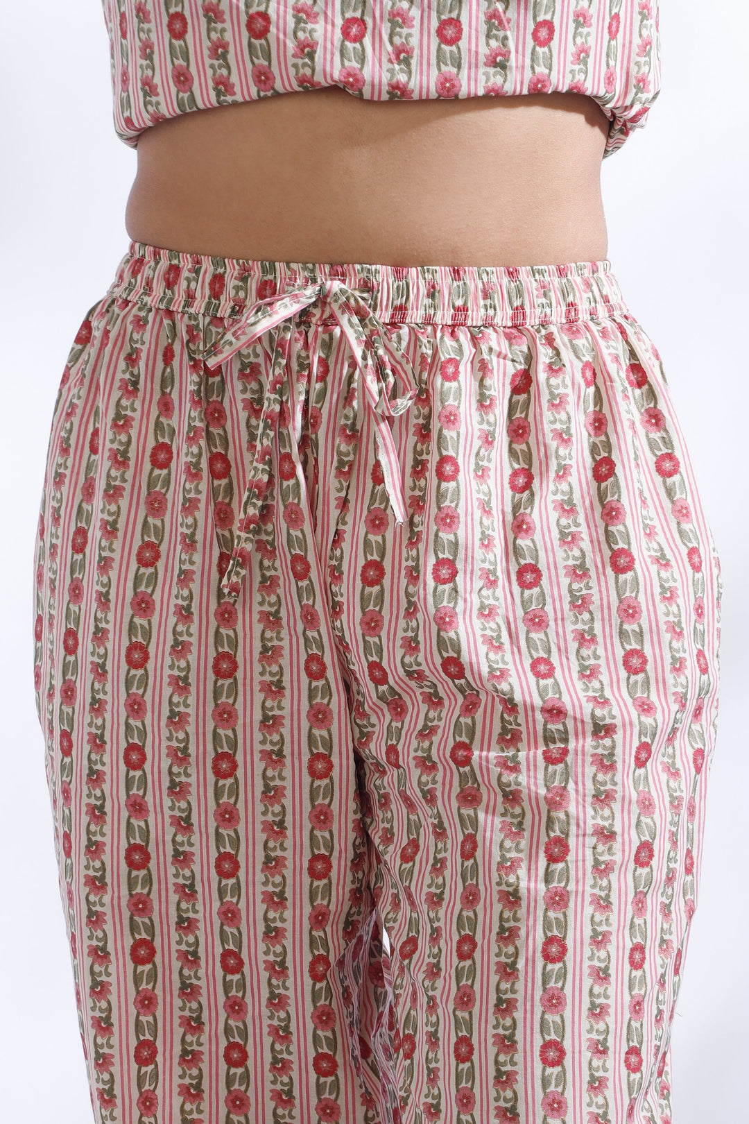 Rosy Stripes Cotton Floral Loungewear Co-ord Set | SHOBITAM