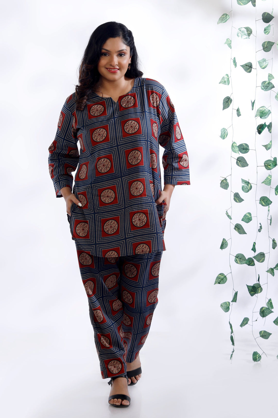 Mandala Blues Cotton Geometric Print Loungewear Co-ord Set | SHOBITAM