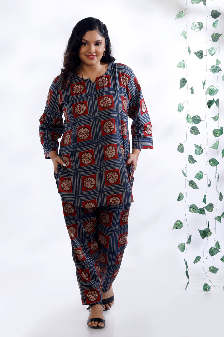 Mandala Blues Cotton Geometric Print Loungewear Co-ord Set | SHOBITAM