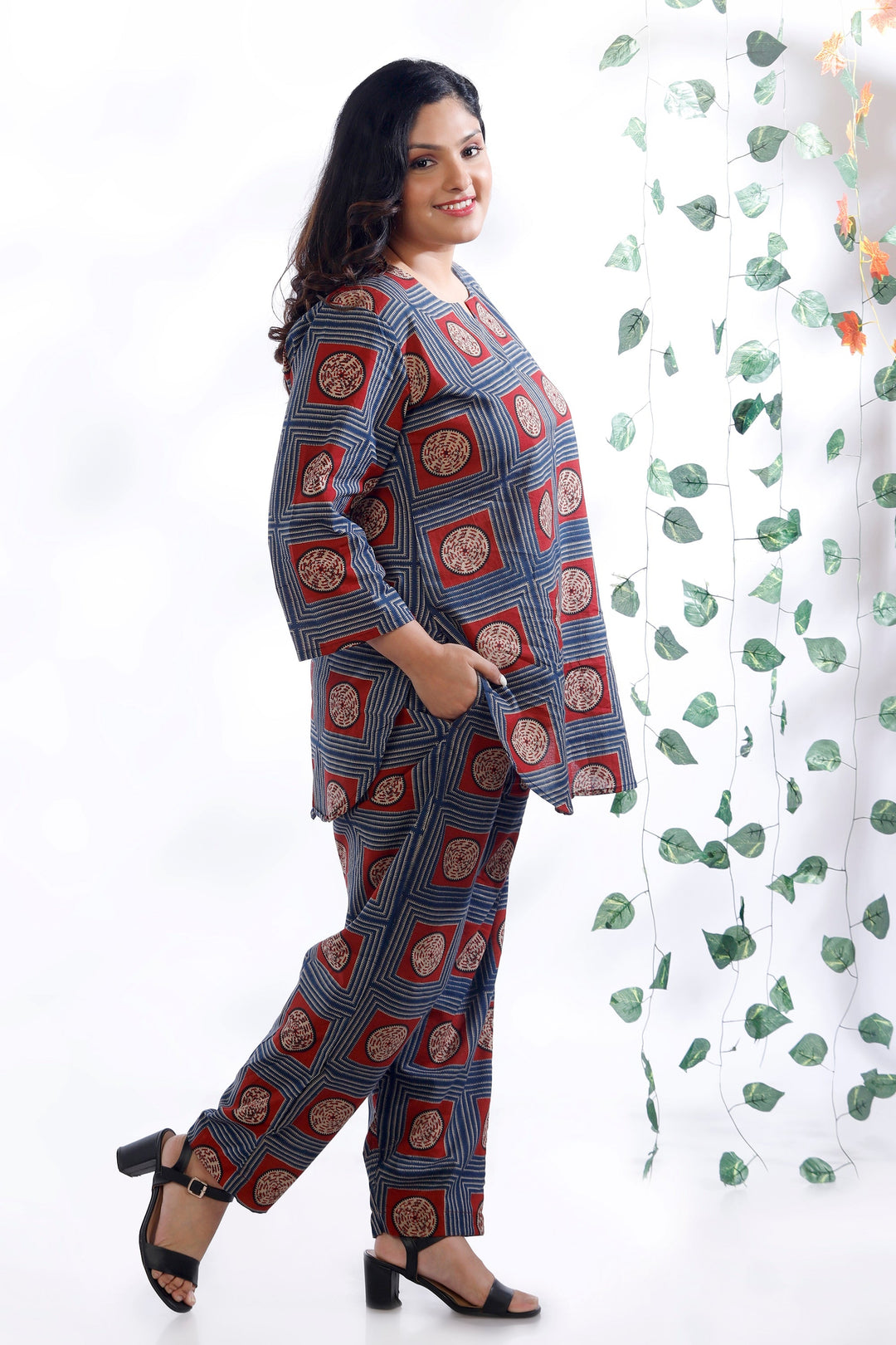 Mandala Blues Cotton Geometric Print Loungewear Co-ord Set | SHOBITAM