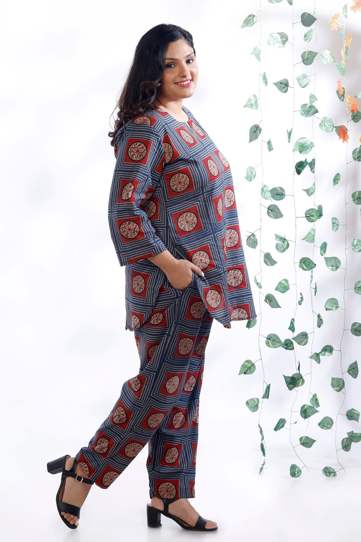 Mandala Blues Cotton Geometric Print Loungewear Co-ord Set | SHOBITAM
