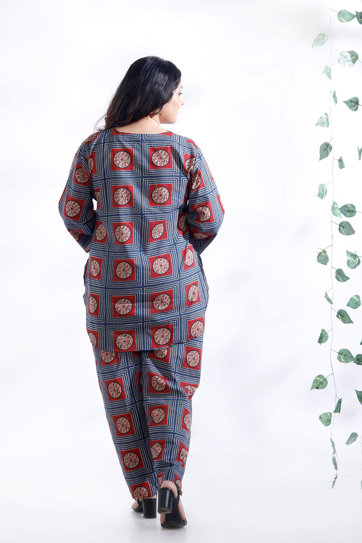 Mandala Blues Cotton Geometric Print Loungewear Co-ord Set | SHOBITAM