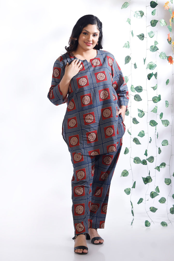 Mandala Blues Cotton Geometric Print Loungewear Co-ord Set | SHOBITAM