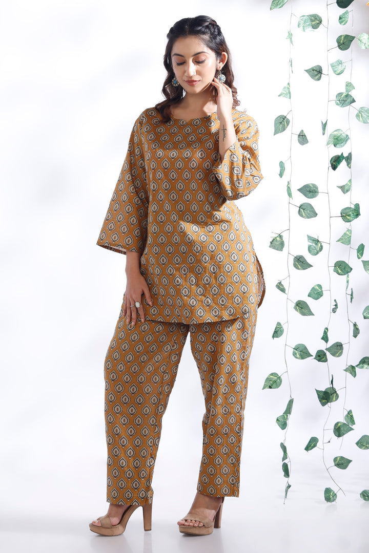 Mustard Maati Butta Print Cotton Co-ord Set | SHOBITAM