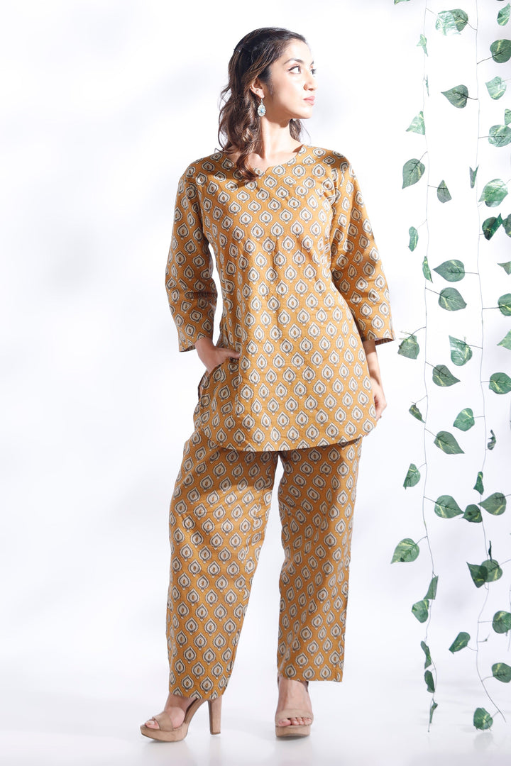 Mustard Maati Butta Print Cotton Co-ord Set | SHOBITAM