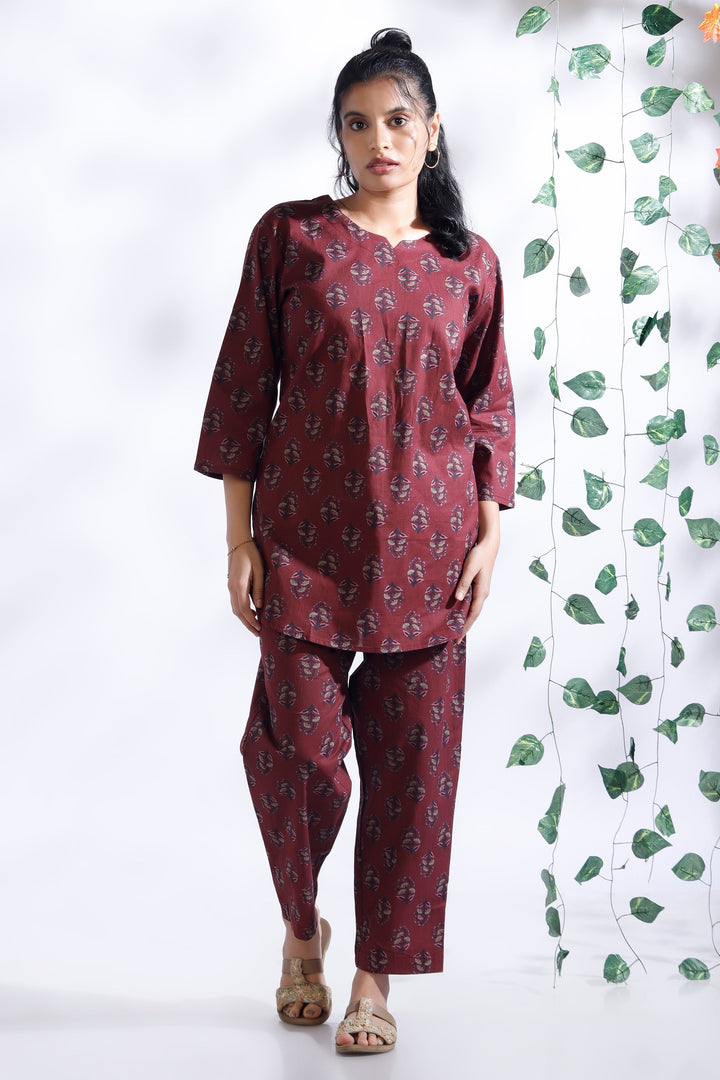 Jamun Floral Buti Cotton Indian Loungewear Co-ord Set | SHOBITAM