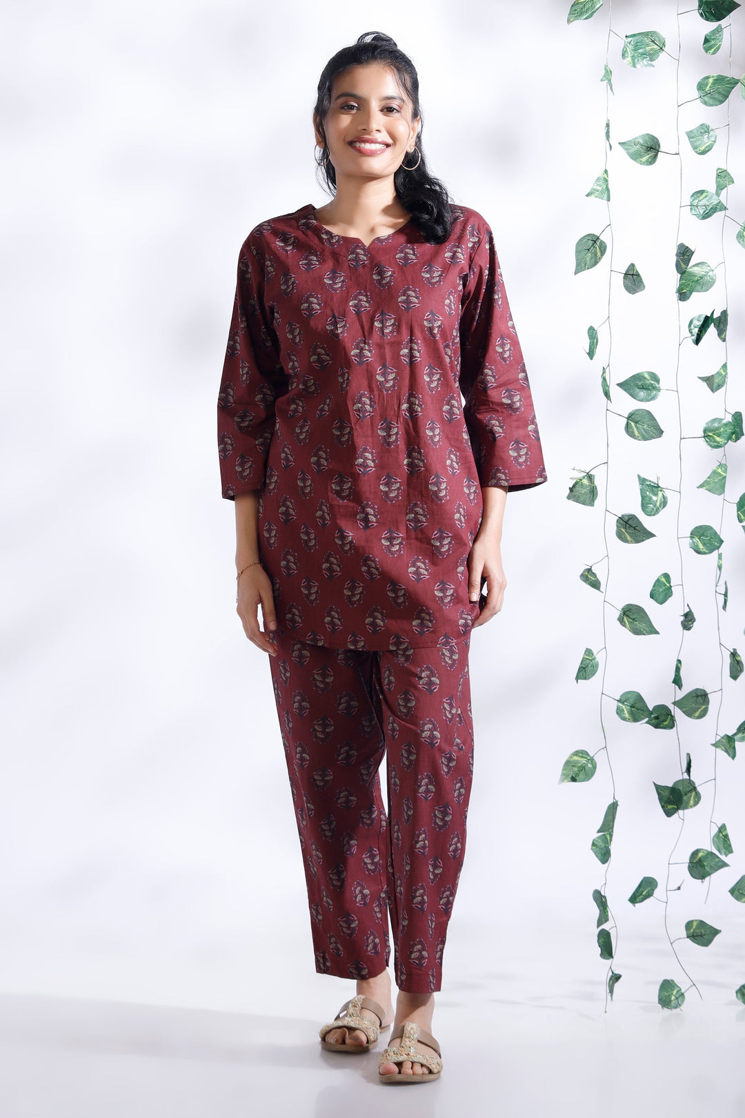 Jamun Floral Buti Cotton Indian Loungewear Co-ord Set | SHOBITAM