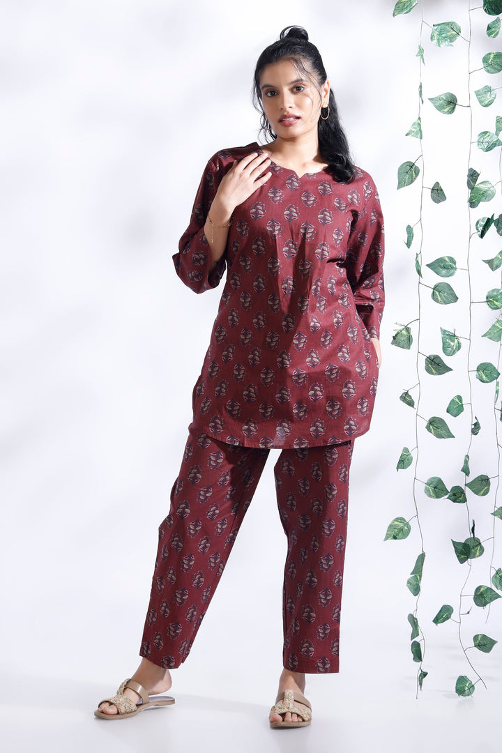 Jamun Floral Buti Cotton Indian Loungewear Co-ord Set | SHOBITAM