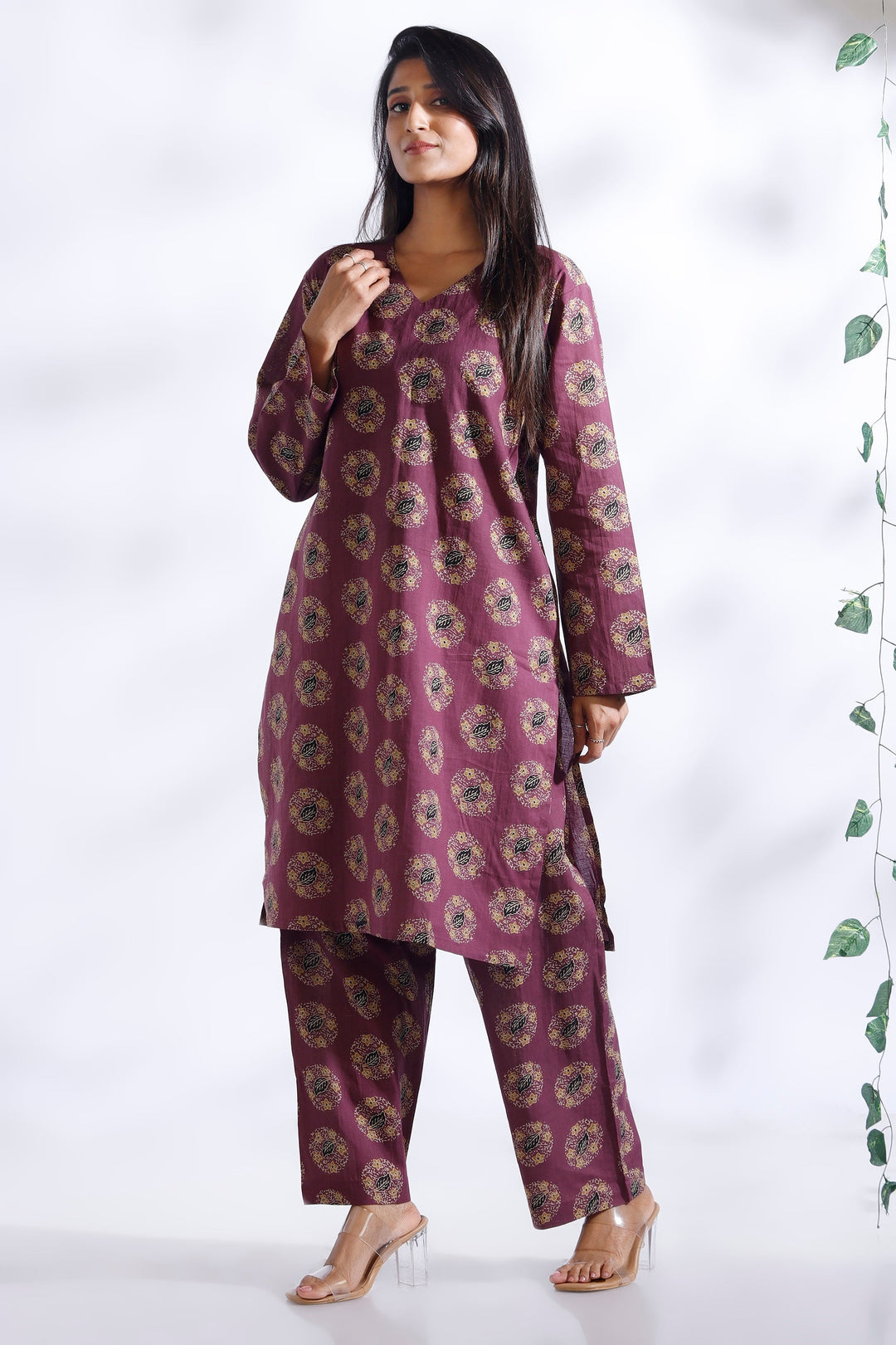 Vartika Wine Indian Motif Butta Print Cotton Co-ord Set | SHOBITAM