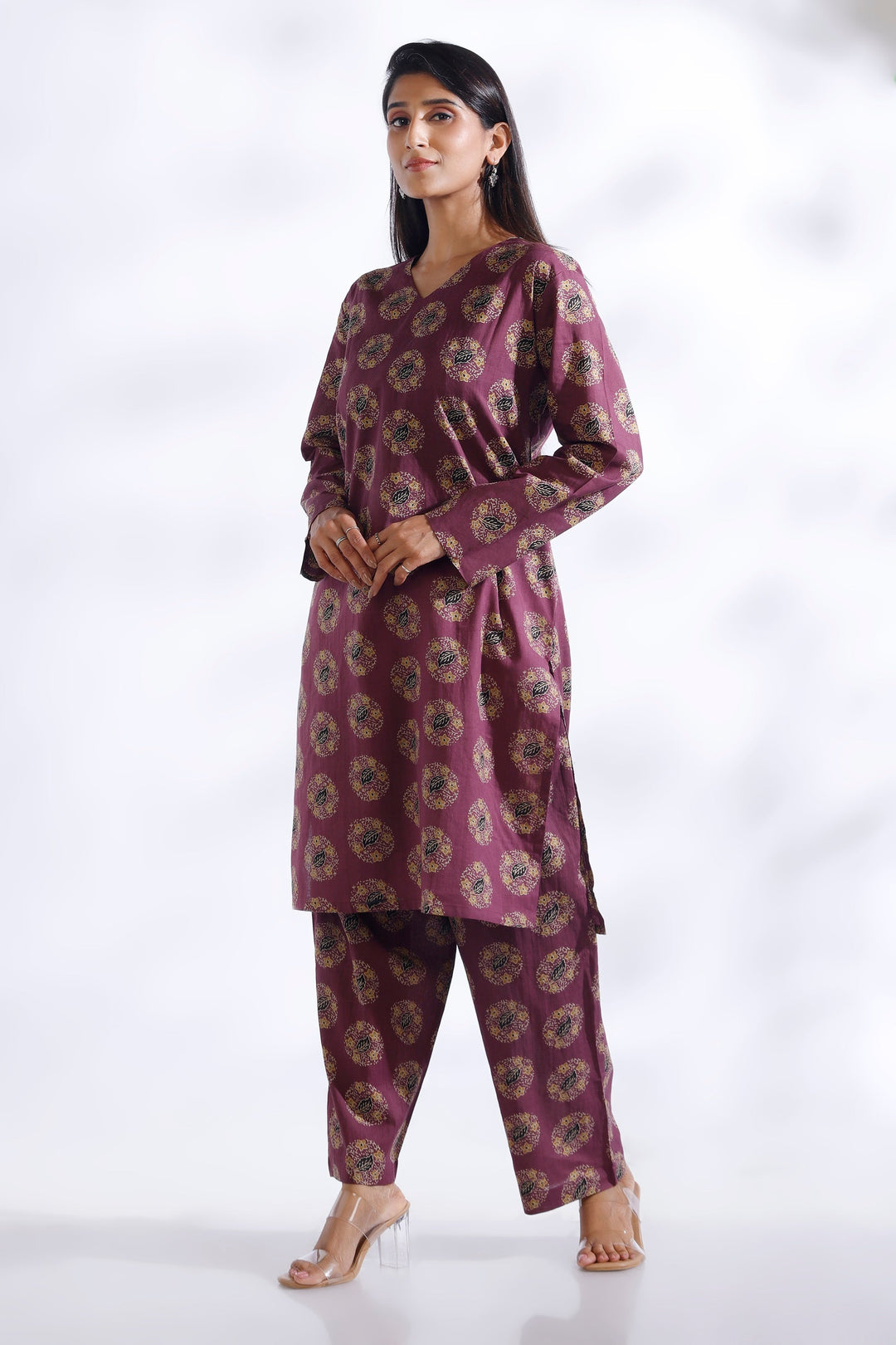 Vartika Wine Indian Motif Butta Print Cotton Co-ord Set | SHOBITAM