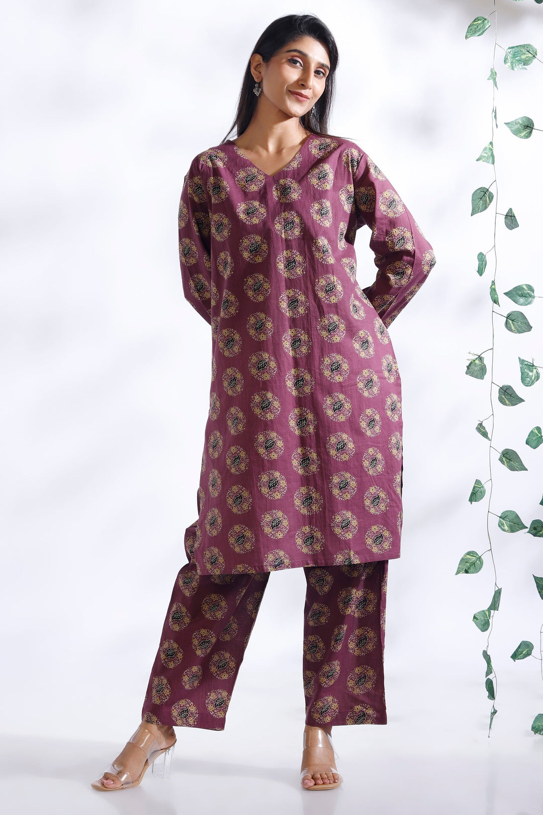 Vartika Wine Indian Motif Butta Print Cotton Co-ord Set | SHOBITAM