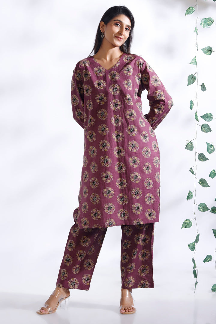 Vartika Wine Indian Motif Butta Print Cotton Co-ord Set | SHOBITAM