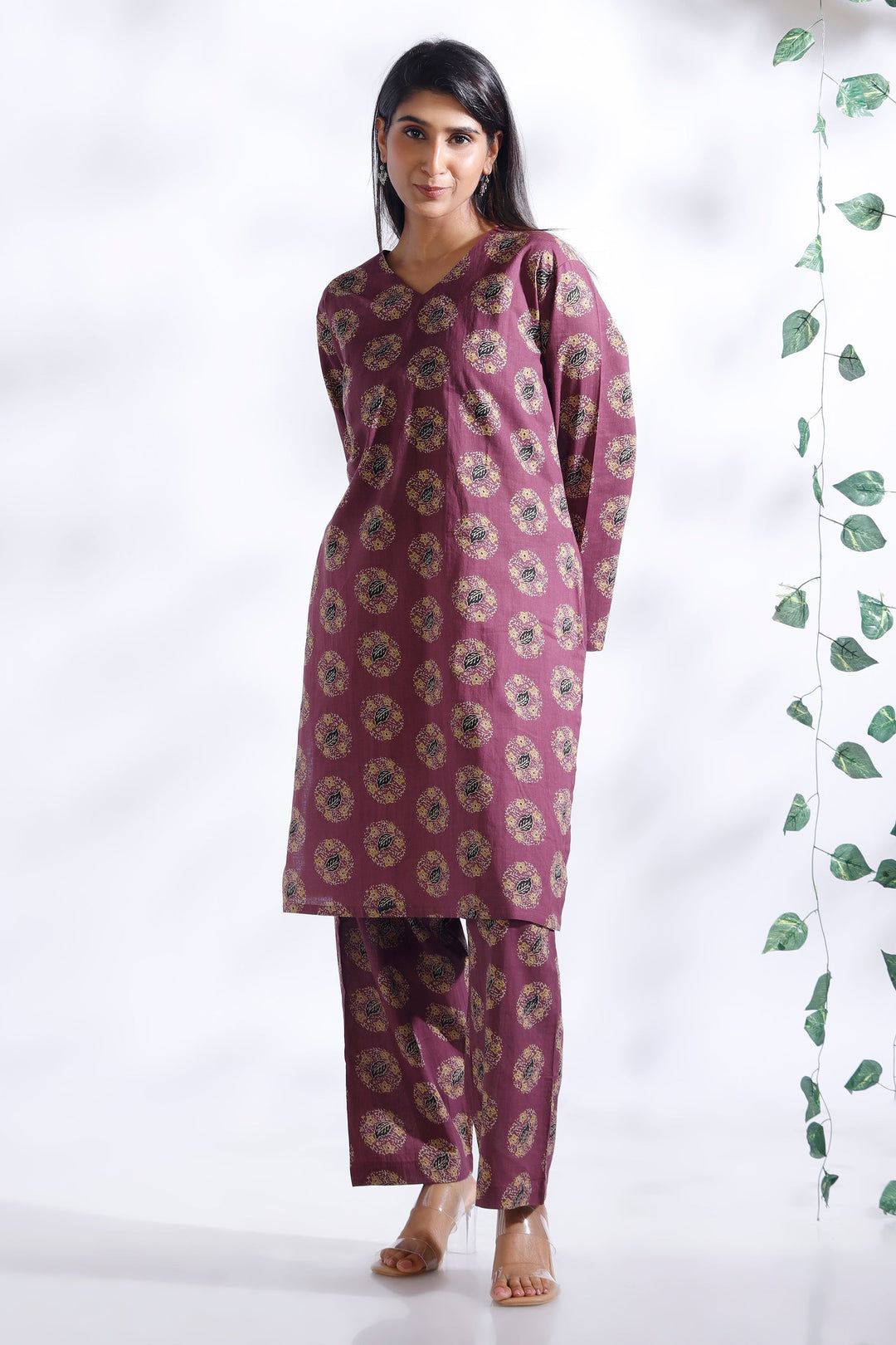 Vartika Wine Indian Motif Butta Print Cotton Co-ord Set | SHOBITAM