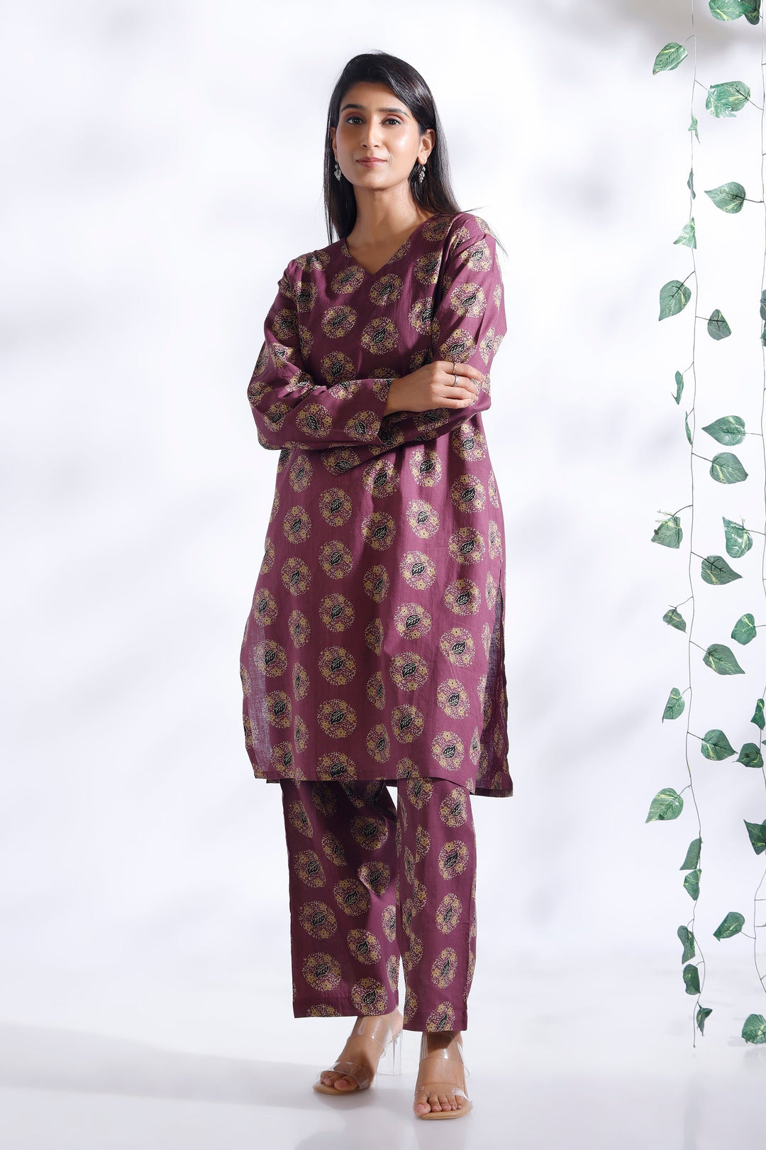 Vartika Wine Indian Motif Butta Print Cotton Co-ord Set | SHOBITAM