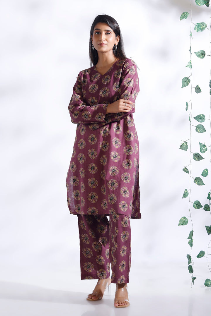 Vartika Wine Indian Motif Butta Print Cotton Co-ord Set | SHOBITAM
