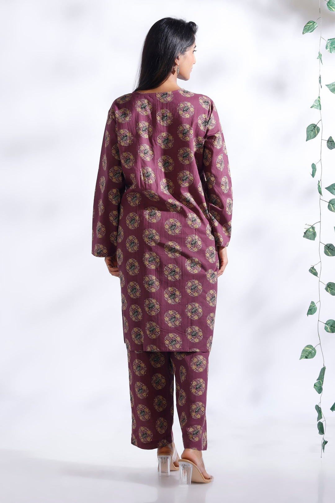 Vartika Wine Indian Motif Butta Print Cotton Co-ord Set | SHOBITAM