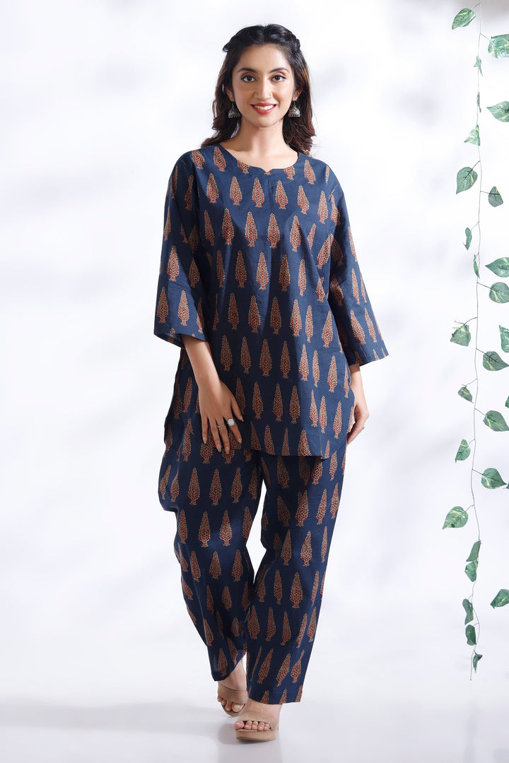 Dhairya Blue Ethnic Motif Butta Print Cotton Co-ord Set | SHOBITAM