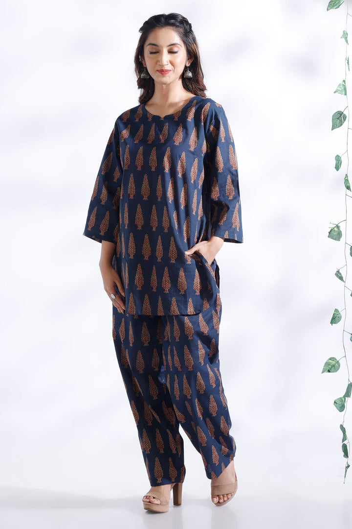 Dhairya Blue Ethnic Motif Butta Print Cotton Co-ord Set | SHOBITAM