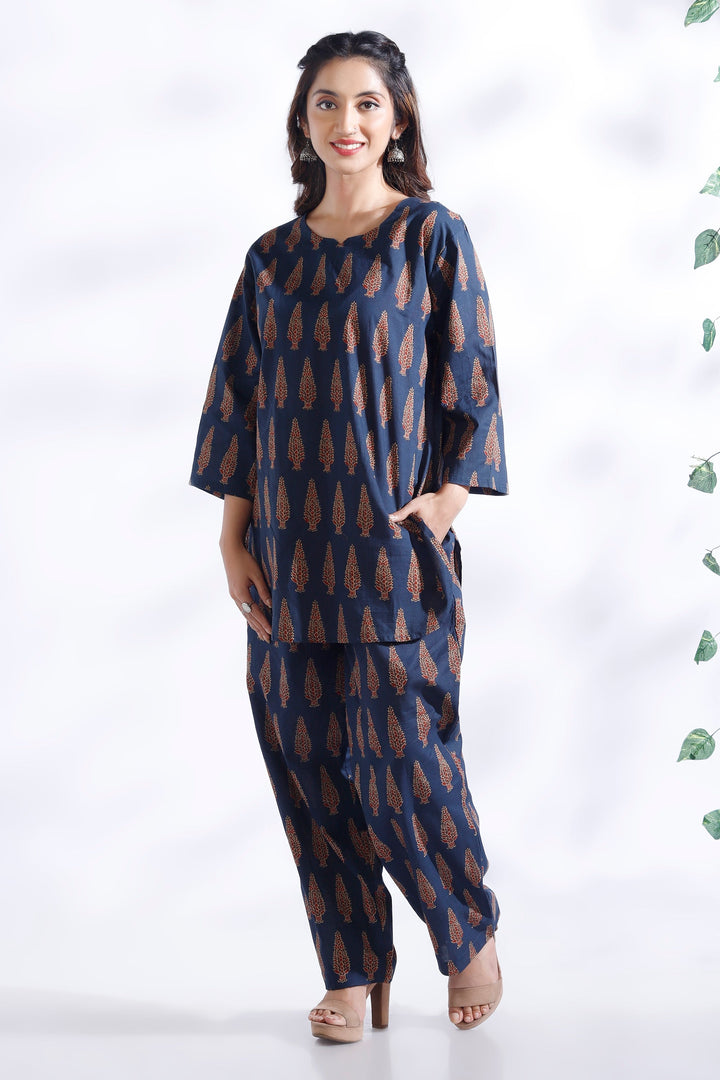 Dhairya Blue Ethnic Motif Butta Print Cotton Co-ord Set | SHOBITAM