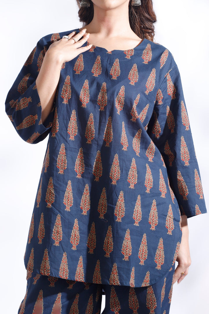 Dhairya Blue Ethnic Motif Butta Print Cotton Co-ord Set | SHOBITAM