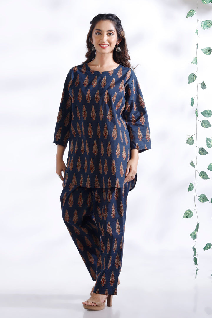 Dhairya Blue Ethnic Motif Butta Print Cotton Co-ord Set | SHOBITAM