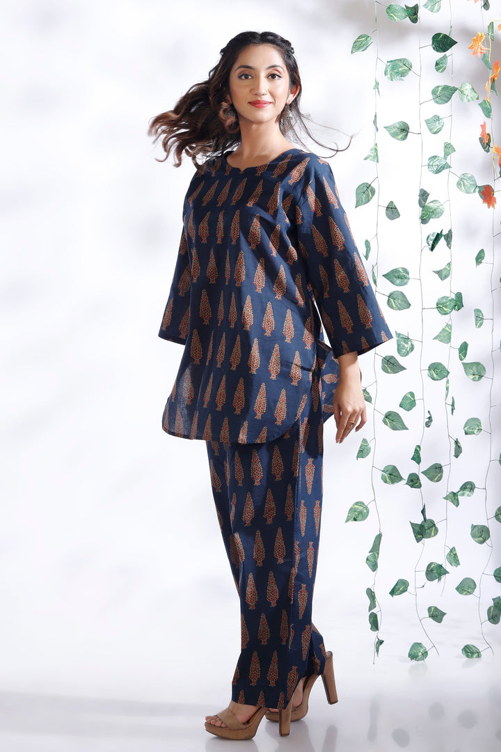 Dhairya Blue Ethnic Motif Butta Print Cotton Co-ord Set | SHOBITAM