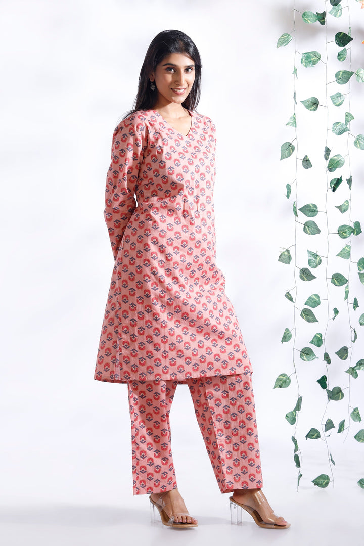 Krisumi Butta Print Cotton Loungewear Long Kurta Co-ord Set | SHOBITAM