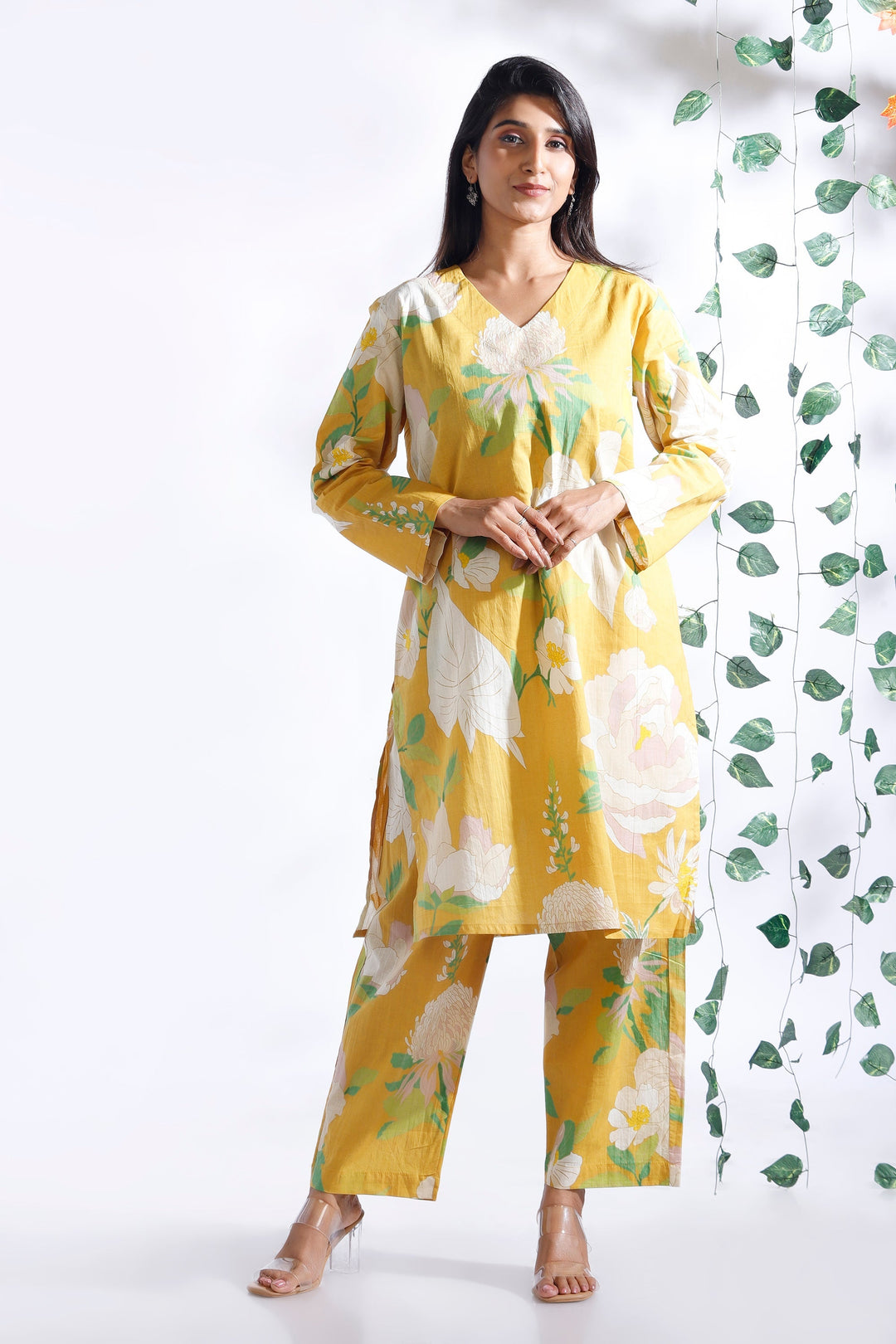 Basant Yellow Floral Print Cotton Long Kurta Co-ord Set | SHOBITAM