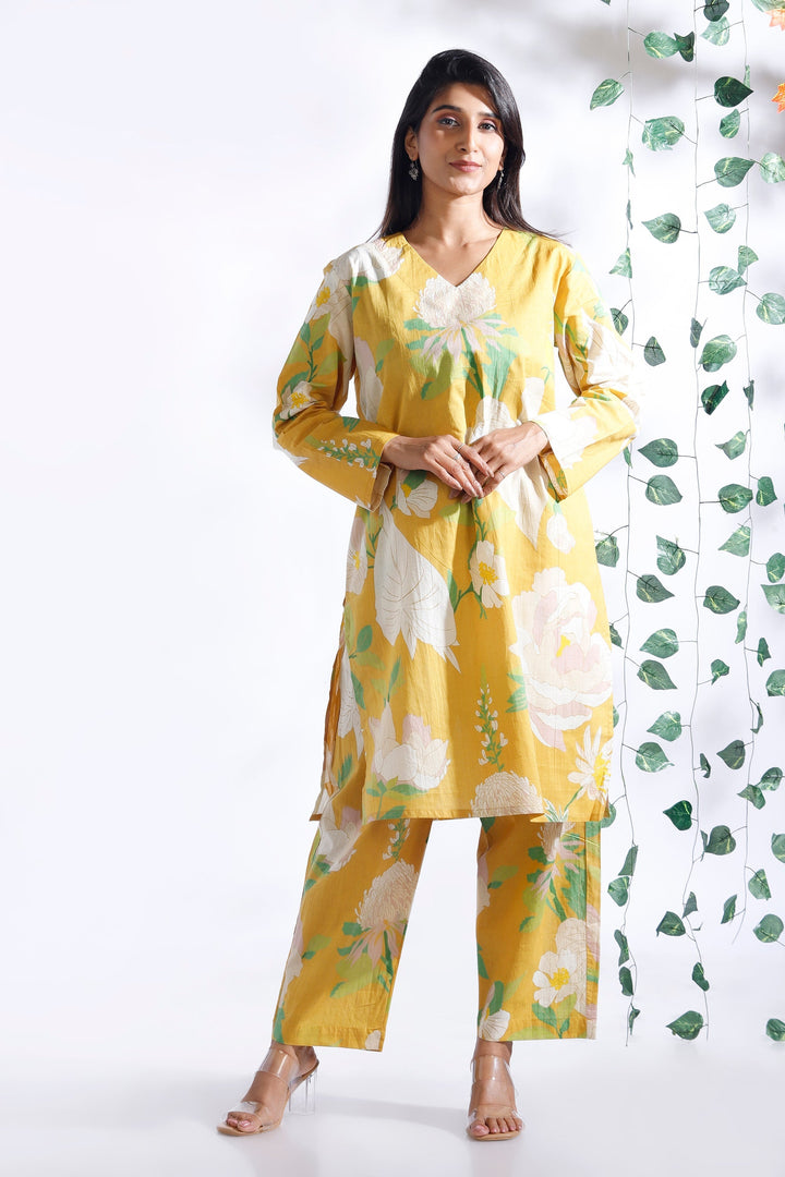 Basant Yellow Floral Print Cotton Long Kurta Co-ord Set | SHOBITAM